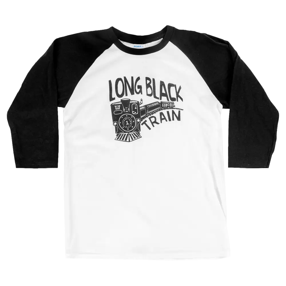 Baseball-style t-shirt with ’Long Black Train’ text and locomotive graphic on the front.