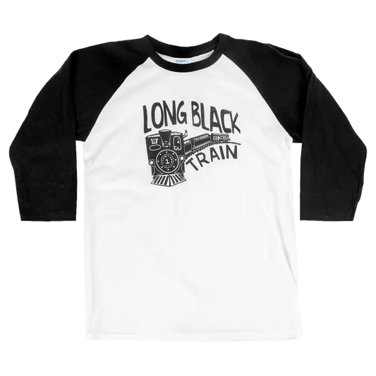 Baseball-style t-shirt with ’Long Black Train’ text and locomotive graphic on the front.
