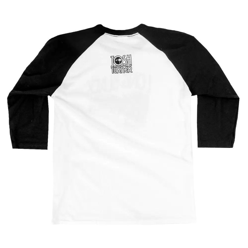 Baseball-style raglan t-shirt with black sleeves and a small logo on the chest.