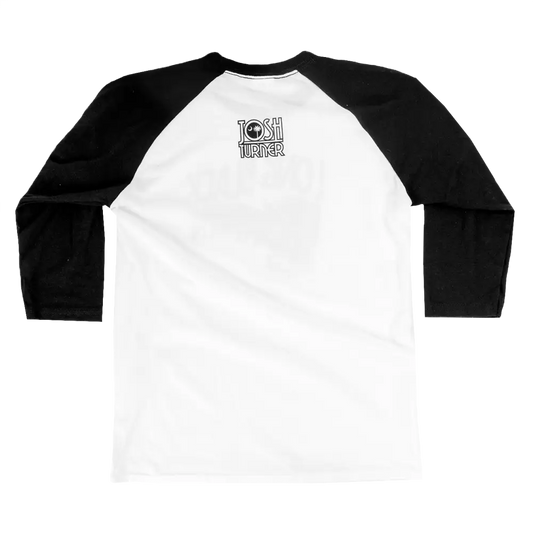 Baseball-style raglan t-shirt with black sleeves and a small logo on the chest.