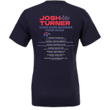 Navy blue t-shirt with red text advertising Josh Turner’s ’King Size Manger Tour 2022’’ and listing tour dates.