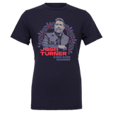 Navy blue t-shirt featuring a grayscale portrait and red text reading ’Josh Turner’.