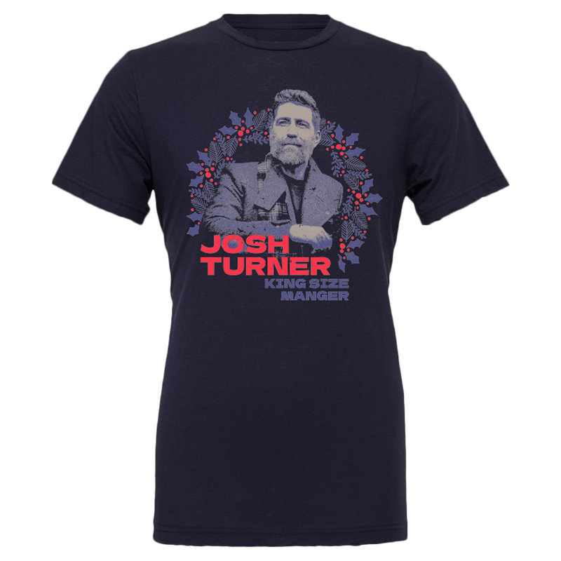 Navy blue t-shirt featuring a grayscale portrait and red text reading ’Josh Turner’.