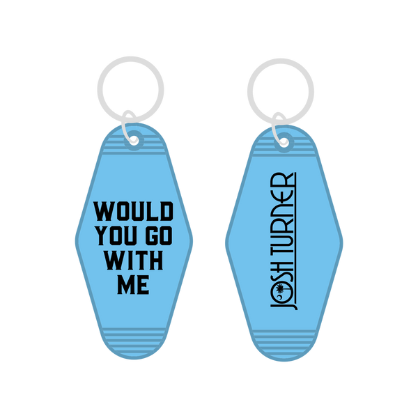 Two blue vintage-style motel key tags with text printed on them.