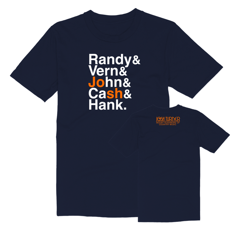 Navy blue t-shirt with white and orange text listing country music legends’ names.