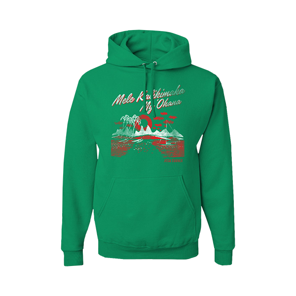 Green hooded sweatshirt with a tropical Christmas-themed graphic design on the front.