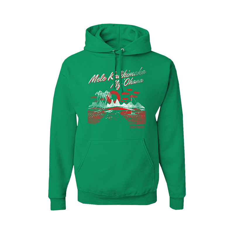 Green hooded sweatshirt with a tropical Christmas-themed graphic design on the front.