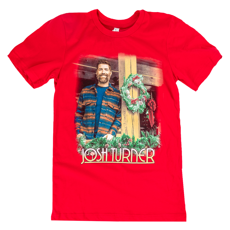 Red t-shirt featuring a printed image and text.