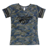 Camouflage-patterned t-shirt with ’Hometown Girl’ text and bear graphic.