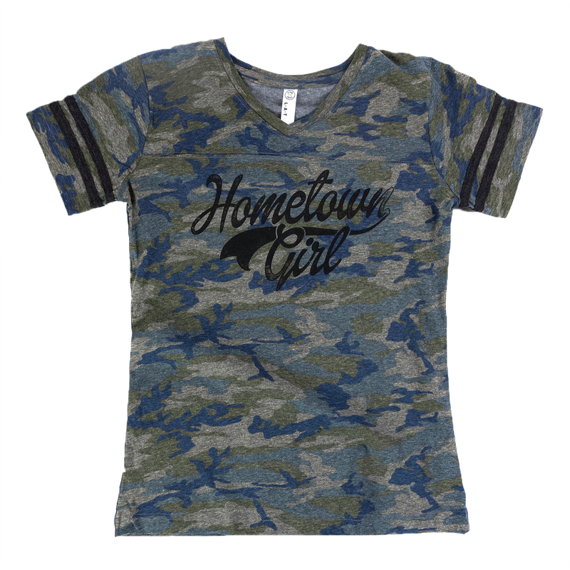Camouflage-patterned t-shirt with ’Hometown Girl’ text and bear graphic.
