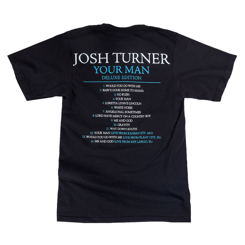 Black t-shirt with Josh Turner tour details printed on the back.