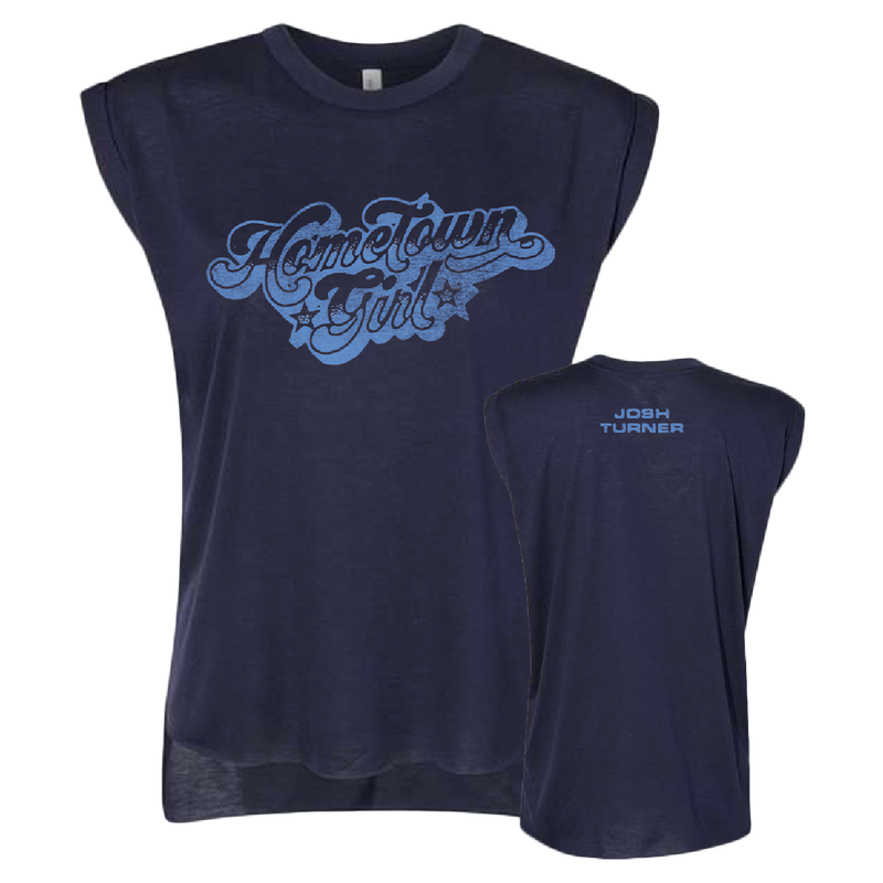 Navy blue sleeveless t-shirt with ’Hometown Girl’ text design on the front.